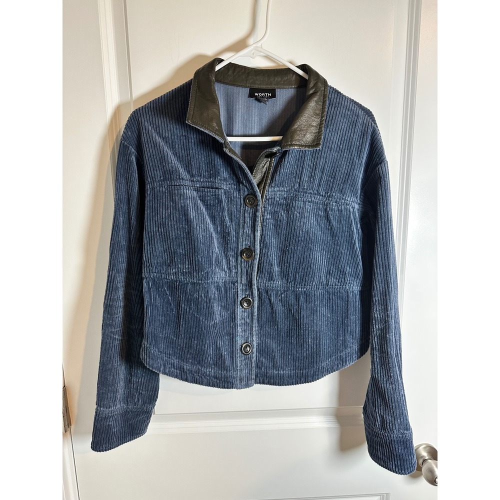 WORTH New‎ York Corduroy Cropped Jacket Leather Collar Blue Button Down